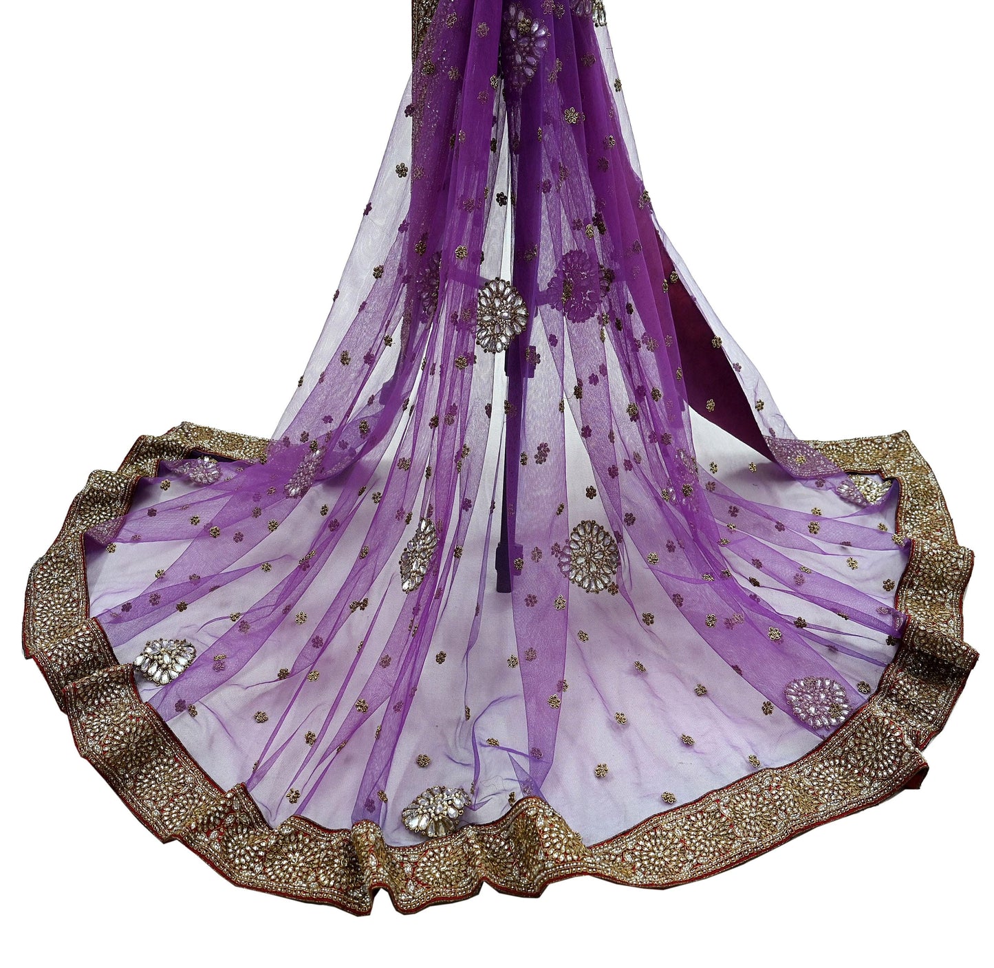 Indian Vintage Heavy Wedding Dupatta Purple Net Long Stole Hand Embroidered By Designer Sabyasachi Scarves Zardozi Bridal Veil