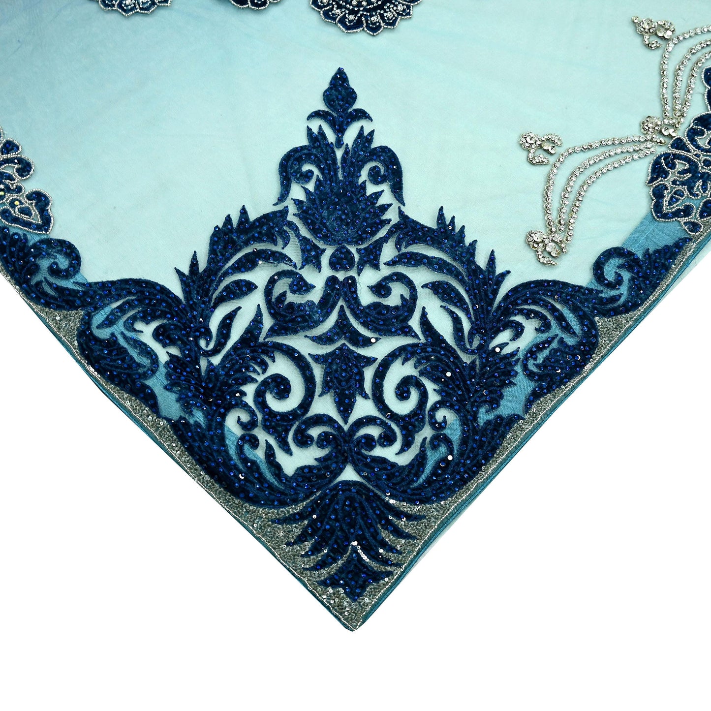 Indian Vintage Heavy Sari Blue Net/Mesh Hand Embroidered Sarees Craft Fabric 6Yd Sewing Soft Zardozi Wedding sarees With Blouse fabric