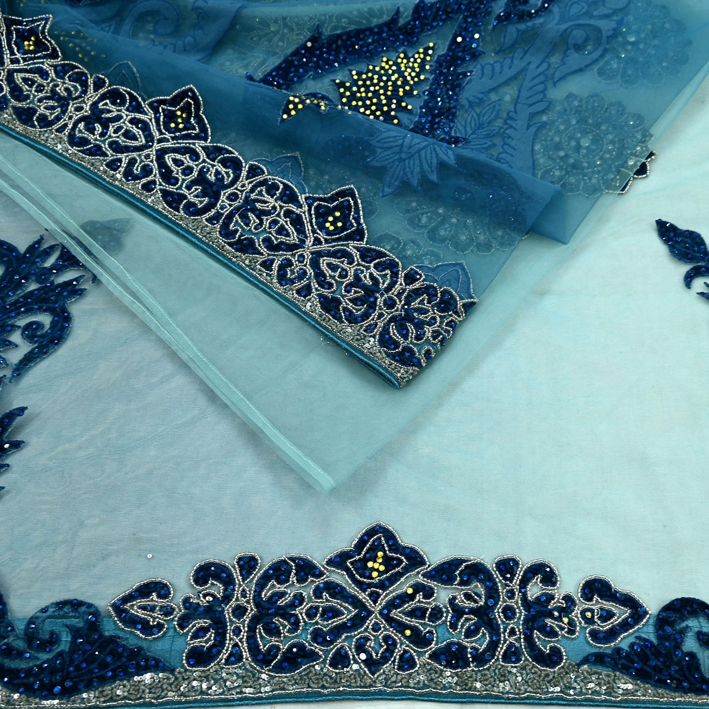 Indian Vintage Heavy Sari Blue Net/Mesh Hand Embroidered Sarees Craft Fabric 6Yd Sewing Soft Zardozi Wedding sarees With Blouse fabric