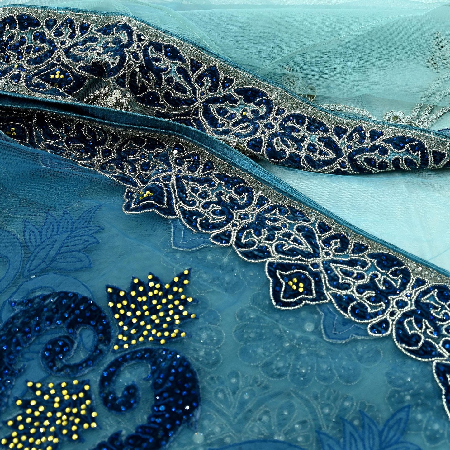 Indian Vintage Heavy Sari Blue Net/Mesh Hand Embroidered Sarees Craft Fabric 6Yd Sewing Soft Zardozi Wedding sarees With Blouse fabric