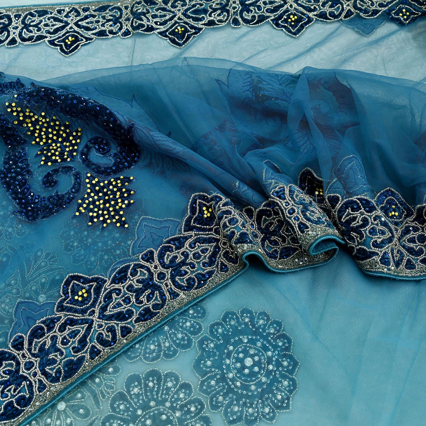 Indian Vintage Heavy Sari Blue Net/Mesh Hand Embroidered Sarees Craft Fabric 6Yd Sewing Soft Zardozi Wedding sarees With Blouse fabric