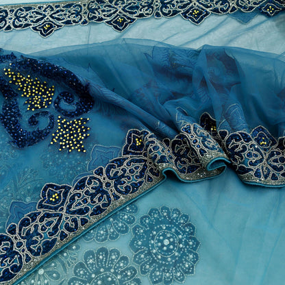 Indian Vintage Heavy Sari Blue Net/Mesh Hand Embroidered Sarees Craft Fabric 6Yd Sewing Soft Zardozi Wedding sarees With Blouse fabric