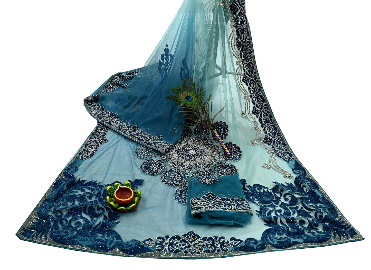 Indian Vintage Heavy Sari Blue Net/Mesh Hand Embroidered Sarees Craft Fabric 6Yd Sewing Soft Zardozi Wedding sarees With Blouse fabric