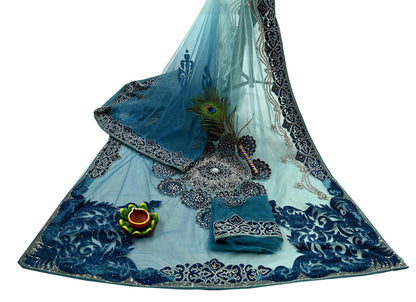 Indian Vintage Heavy Sari Blue Net/Mesh Hand Embroidered Sarees Craft Fabric 6Yd Sewing Soft Zardozi Wedding sarees With Blouse fabric