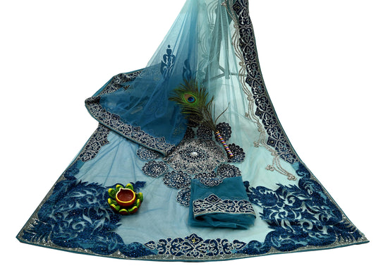 Indian Vintage Heavy Sari Blue Net/Mesh Hand Embroidered Sarees Craft Fabric 6Yd Sewing Soft Zardozi Wedding sarees With Blouse fabric