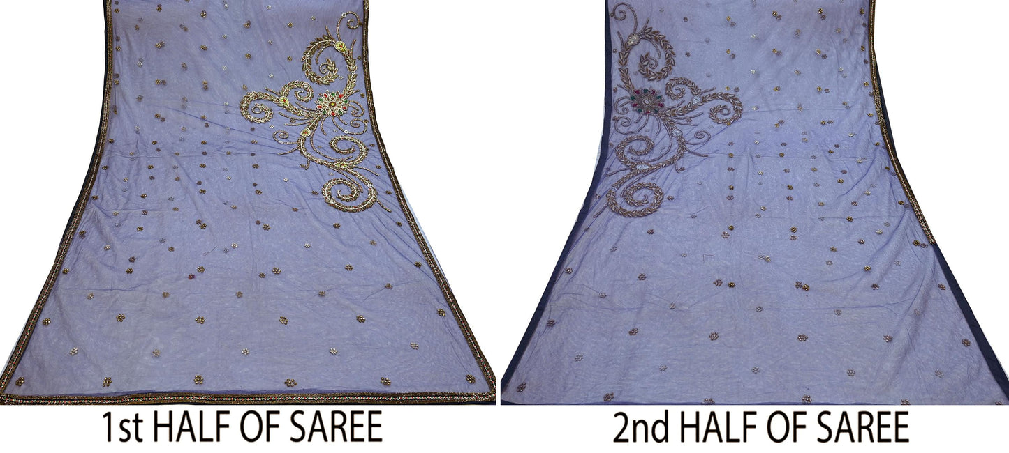 Indian Vintage Heavy Sari Purple Net/Mesh Hand Embroidered Sarees Craft Fabric 5Yd Sewing Soft Zardozi Wedding sarees With Blouse fabric