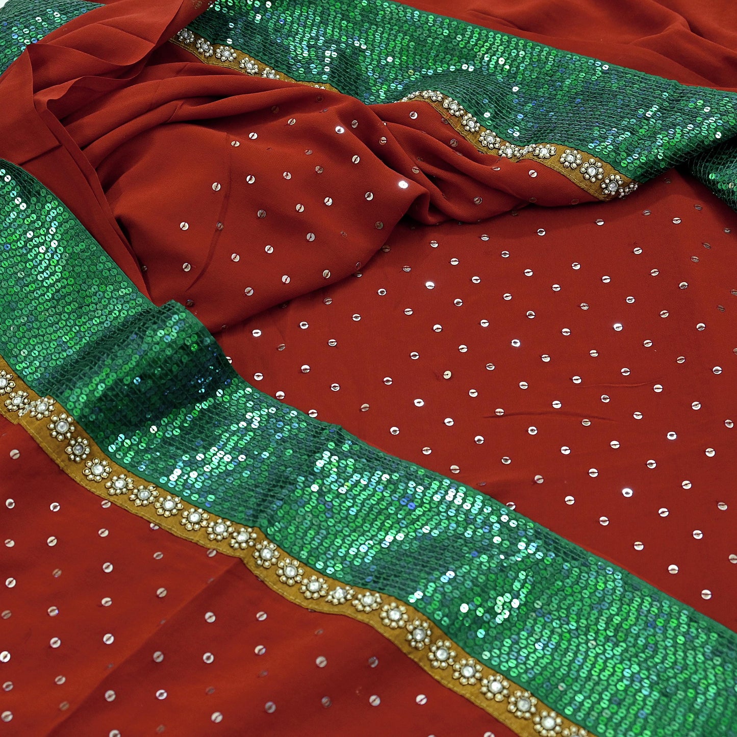 Indian Vintage Heavy Sarees Orange Pure Georgette Silk Hand Embroidered Sari Fabric 5Yd Sewing Ethnic Sequins Wedding sarees