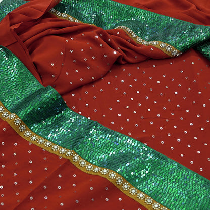 Indian Vintage Heavy Sarees Orange Pure Georgette Silk Hand Embroidered Sari Fabric 5Yd Sewing Ethnic Sequins Wedding sarees