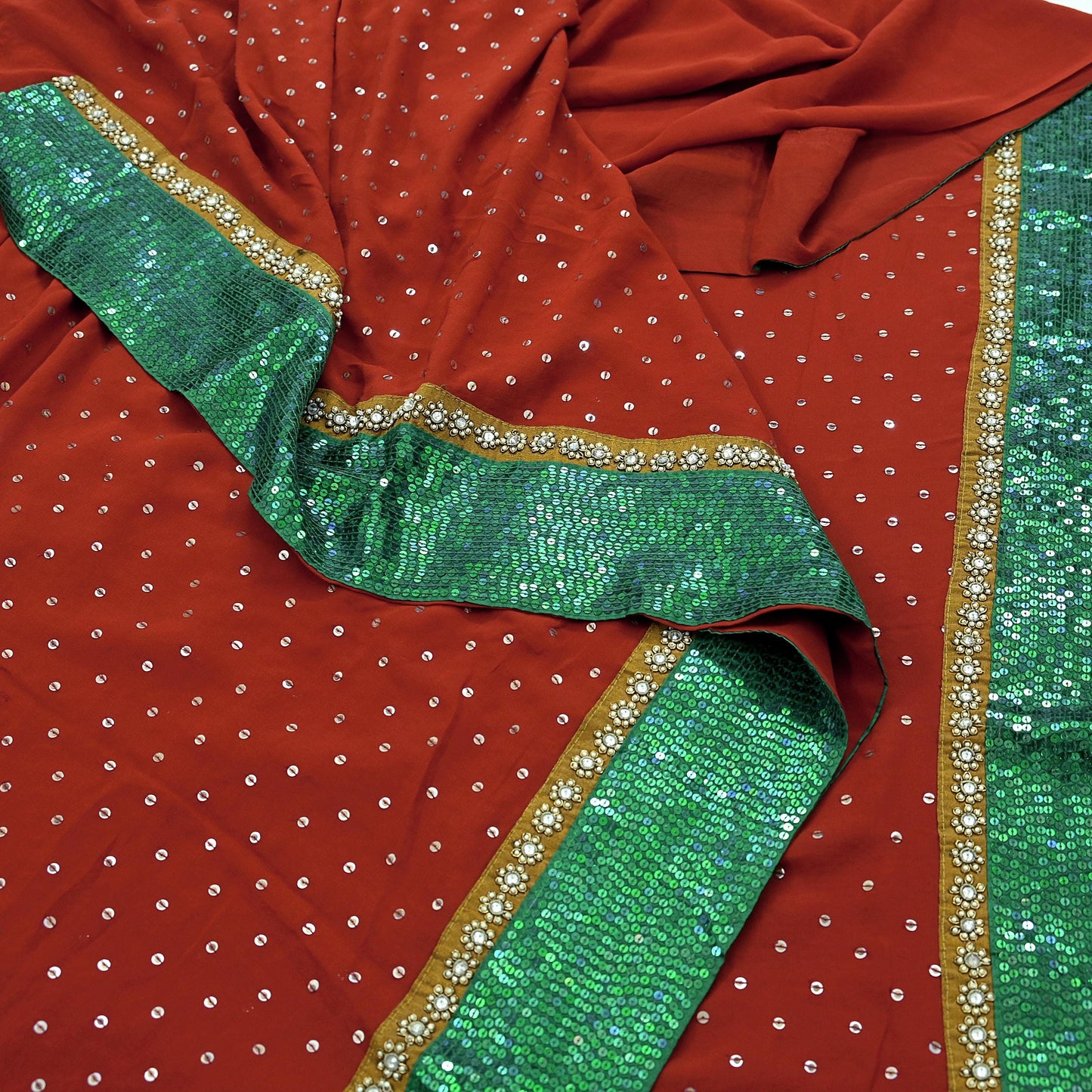 Indian Vintage Heavy Sarees Orange Pure Georgette Silk Hand Embroidered Sari Fabric 5Yd Sewing Ethnic Sequins Wedding sarees