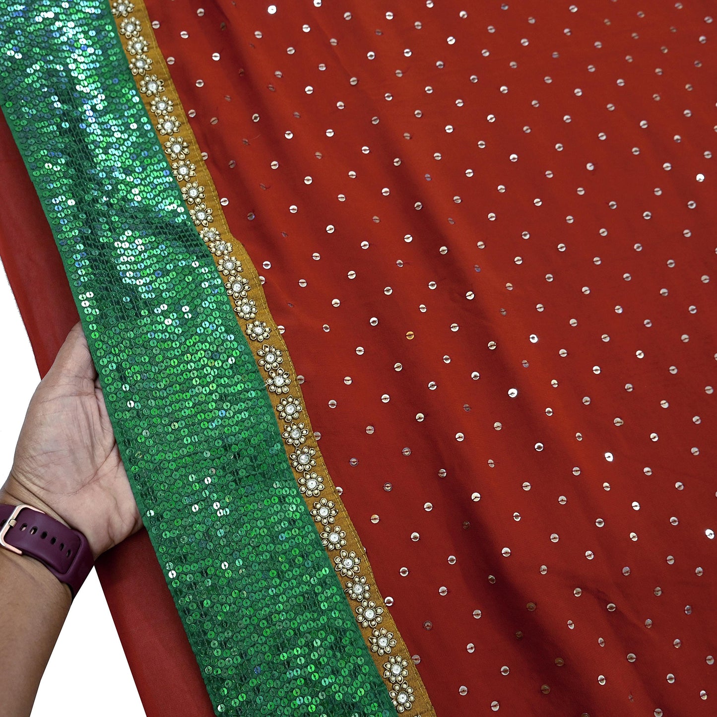 Indian Vintage Heavy Sarees Orange Pure Georgette Silk Hand Embroidered Sari Fabric 5Yd Sewing Ethnic Sequins Wedding sarees