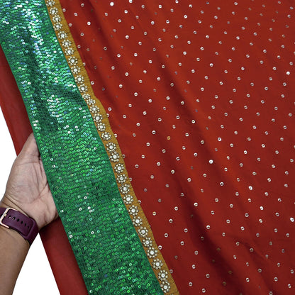 Indian Vintage Heavy Sarees Orange Pure Georgette Silk Hand Embroidered Sari Fabric 5Yd Sewing Ethnic Sequins Wedding sarees