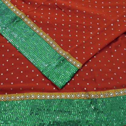 Indian Vintage Heavy Sarees Orange Pure Georgette Silk Hand Embroidered Sari Fabric 5Yd Sewing Ethnic Sequins Wedding sarees