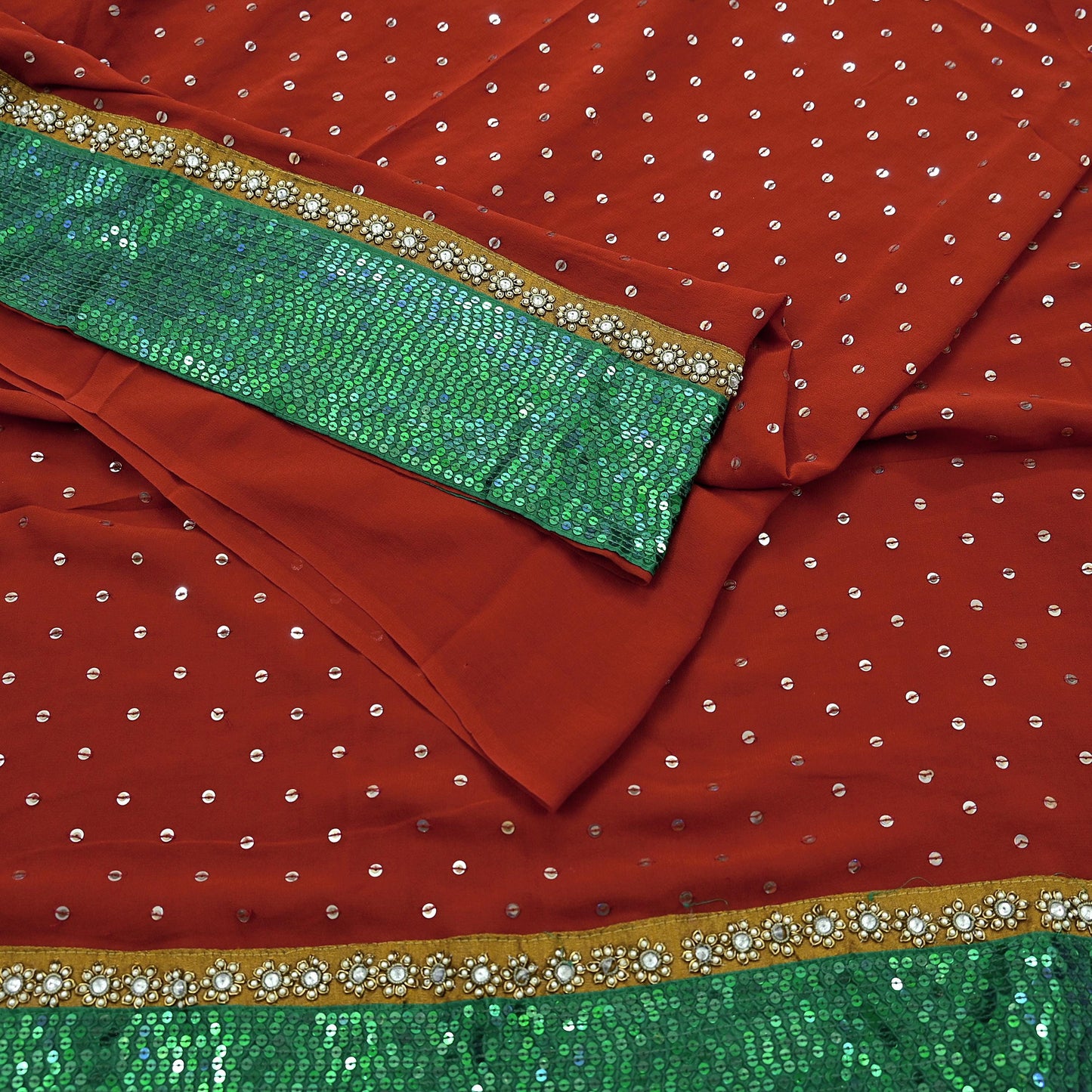 Indian Vintage Heavy Sarees Orange Pure Georgette Silk Hand Embroidered Sari Fabric 5Yd Sewing Ethnic Sequins Wedding sarees
