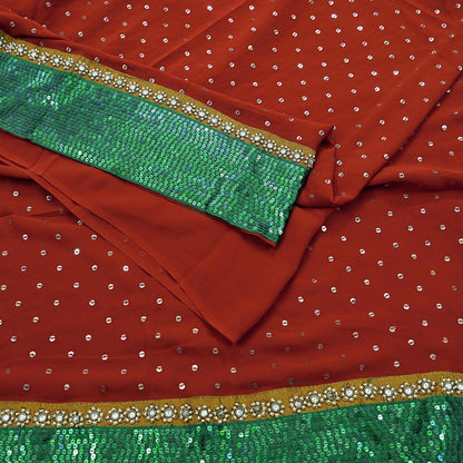 Indian Vintage Heavy Sarees Orange Pure Georgette Silk Hand Embroidered Sari Fabric 5Yd Sewing Ethnic Sequins Wedding sarees