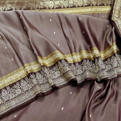 Indian Vintage Sari Brown Heavy Wedding Pure Satin Silk Woven Banarasi Brocade Saree Zari 5Yd Craft Fabric Ethnic Dress making Crafting