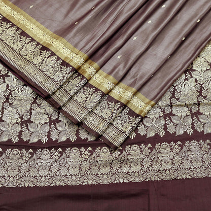 Indian Vintage Sari Brown Heavy Wedding Pure Satin Silk Woven Banarasi Brocade Saree Zari 5Yd Craft Fabric Ethnic Dress making Crafting