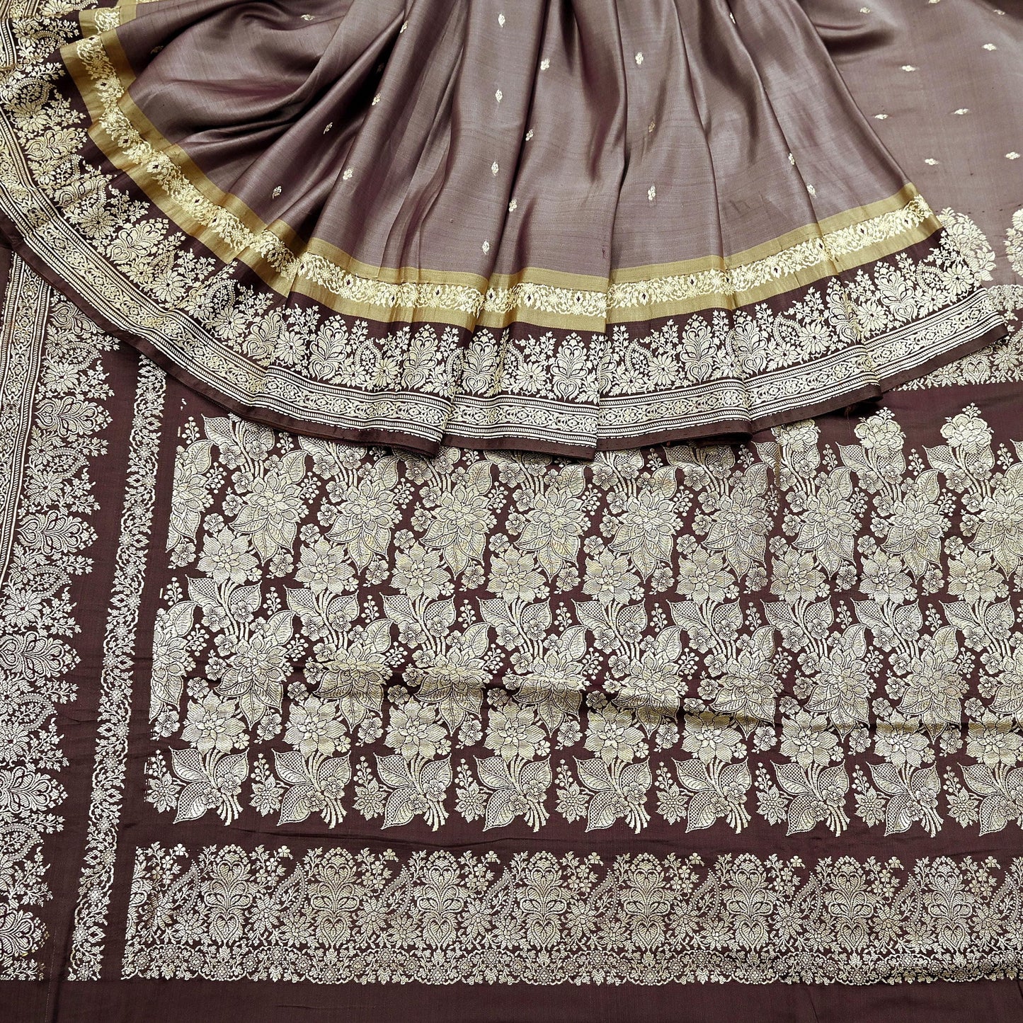 Indian Vintage Sari Brown Heavy Wedding Pure Satin Silk Woven Banarasi Brocade Saree Zari 5Yd Craft Fabric Ethnic Dress making Crafting
