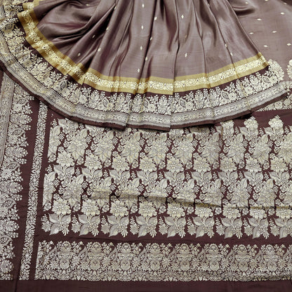 Indian Vintage Sari Brown Heavy Wedding Pure Satin Silk Woven Banarasi Brocade Saree Zari 5Yd Craft Fabric Ethnic Dress making Crafting