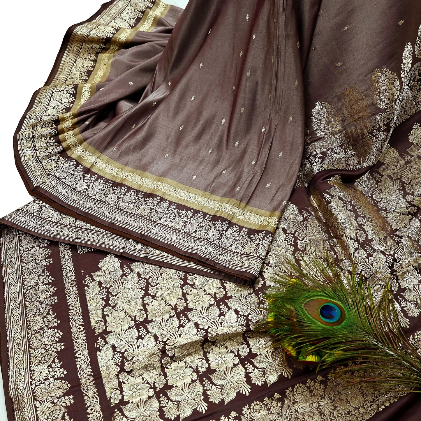 Indian Vintage Sari Brown Heavy Wedding Pure Satin Silk Woven Banarasi Brocade Saree Zari 5Yd Craft Fabric Ethnic Dress making Crafting