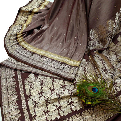 Indian Vintage Sari Brown Heavy Wedding Pure Satin Silk Woven Banarasi Brocade Saree Zari 5Yd Craft Fabric Ethnic Dress making Crafting