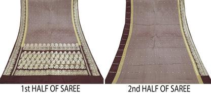 Indian Vintage Sari Brown Heavy Wedding Pure Satin Silk Woven Banarasi Brocade Saree Zari 5Yd Craft Fabric Ethnic Dress making Crafting
