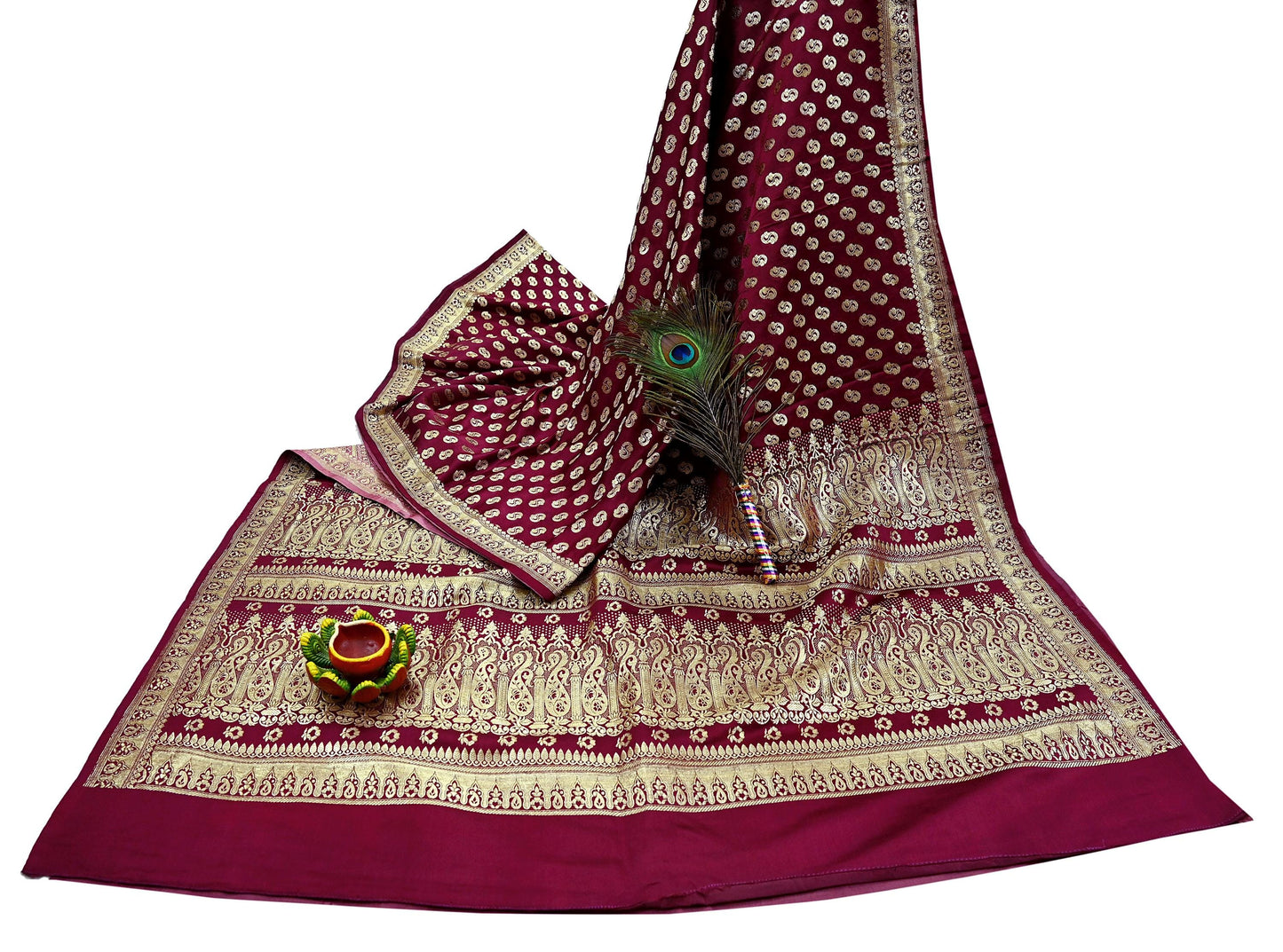Indian Vintage Sari Maroon Heavy Wedding  Pure Satin Silk Woven Banarasi Brocade Sarees Zari 5Yd Dress making Crafting Quilting