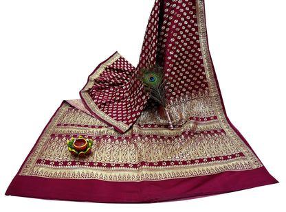 Indian Vintage Sari Maroon Heavy Wedding  Pure Satin Silk Woven Banarasi Brocade Sarees Zari 5Yd Dress making Crafting Quilting