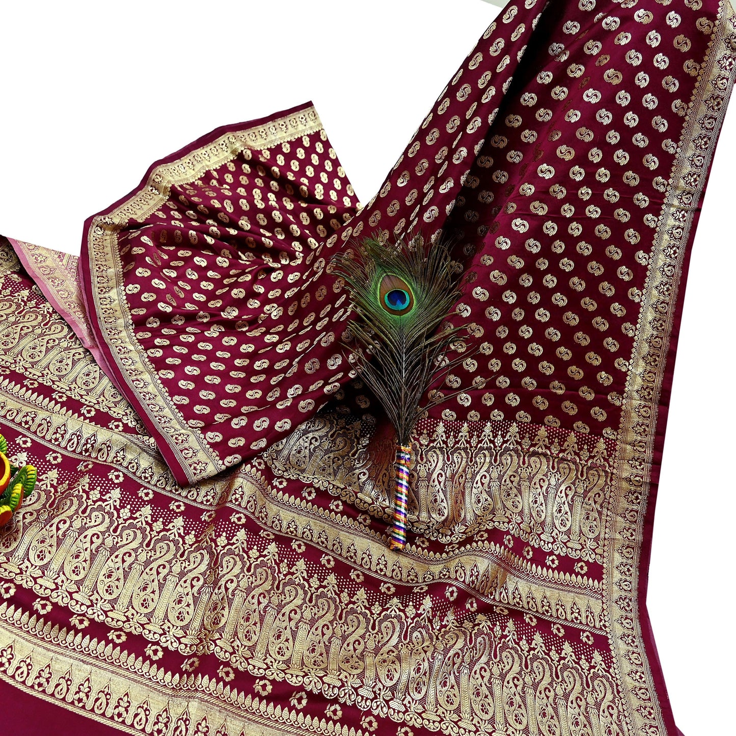 Indian Vintage Sari Maroon Heavy Wedding  Pure Satin Silk Woven Banarasi Brocade Sarees Zari 5Yd Dress making Crafting Quilting