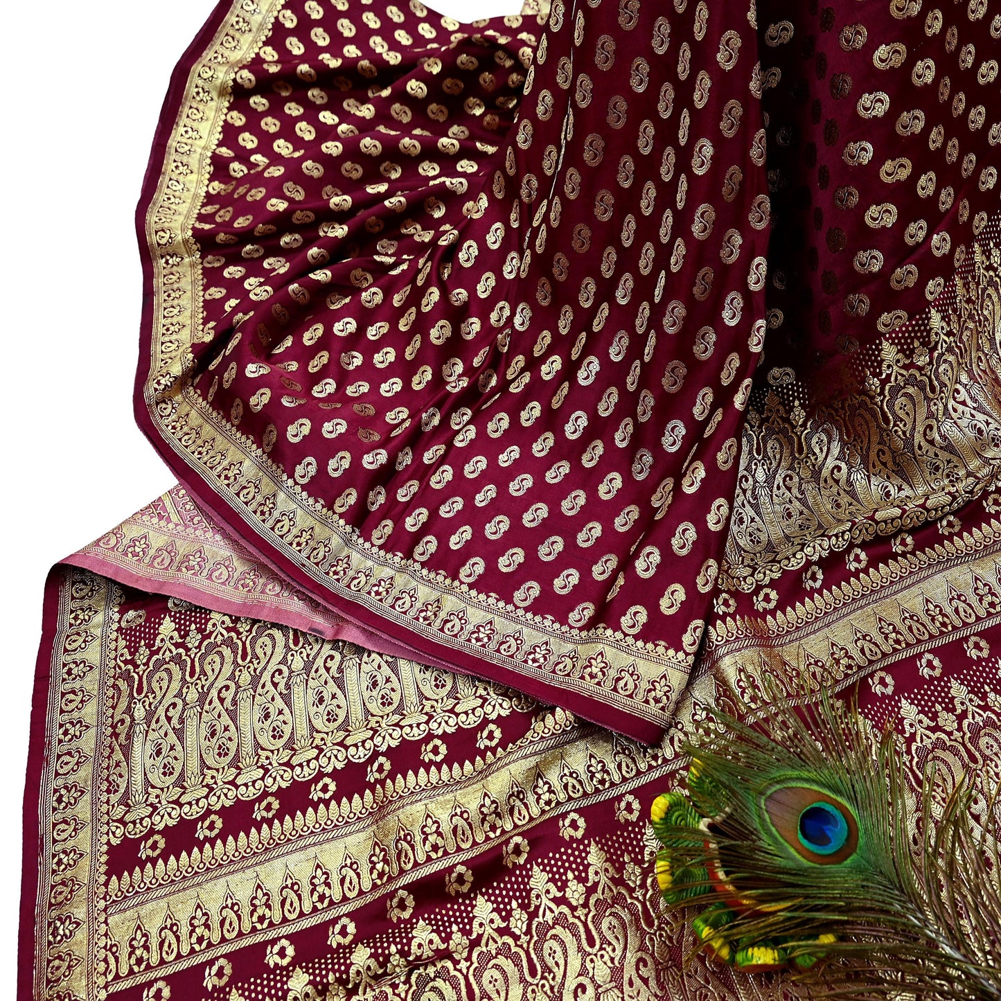 Indian Vintage Sari Maroon Heavy Wedding  Pure Satin Silk Woven Banarasi Brocade Sarees Zari 5Yd Dress making Crafting Quilting