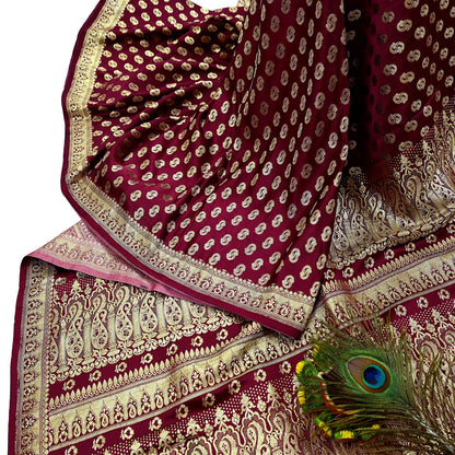 Indian Vintage Sari Maroon Heavy Wedding  Pure Satin Silk Woven Banarasi Brocade Sarees Zari 5Yd Dress making Crafting Quilting