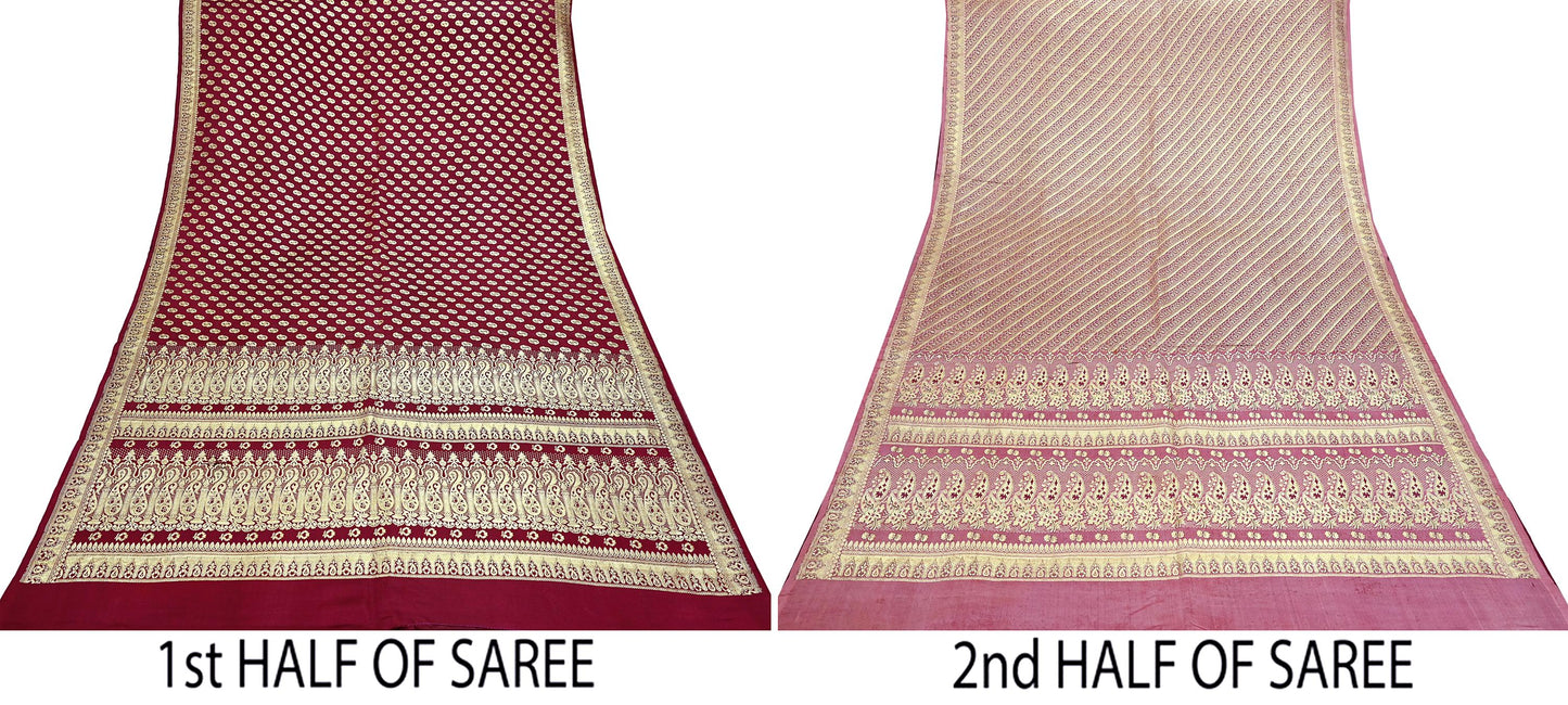 Indian Vintage Sari Maroon Heavy Wedding  Pure Satin Silk Woven Banarasi Brocade Sarees Zari 5Yd Dress making Crafting Quilting