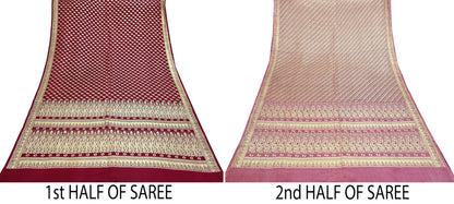 Indian Vintage Sari Maroon Heavy Wedding  Pure Satin Silk Woven Banarasi Brocade Sarees Zari 5Yd Dress making Crafting Quilting