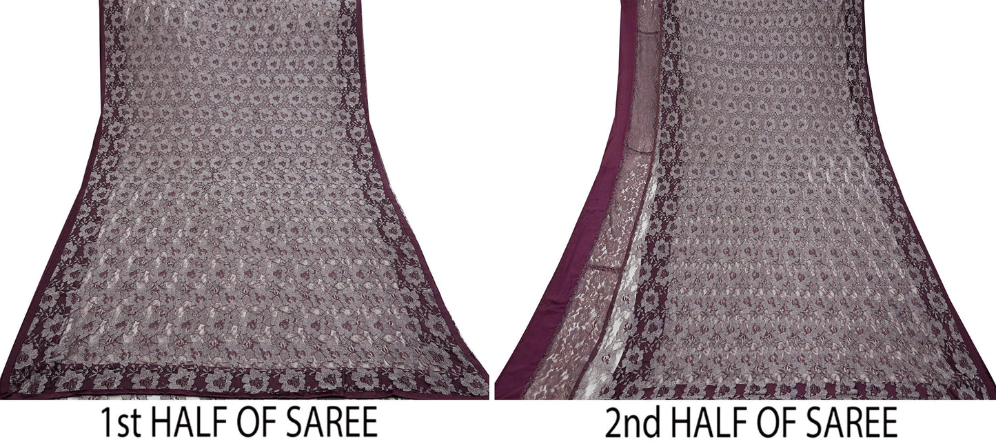 Indian Vintage Maroon Saree Net/Mesh Hand Embroidered Sari Craft Fabric Floral 6Yd Sewing Dress making Crafting Quilting Upcycle