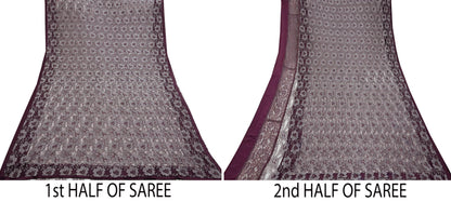 Indian Vintage Maroon Saree Net/Mesh Hand Embroidered Sari Craft Fabric Floral 6Yd Sewing Dress making Crafting Quilting Upcycle