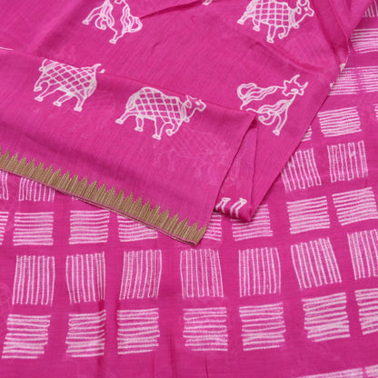 Indian Vintage Sari Magenta Pure chanderi Silk Block Printed Sarees Fabric 6Yard Soft Zari Border Floral Dress making bollywood silk sarees