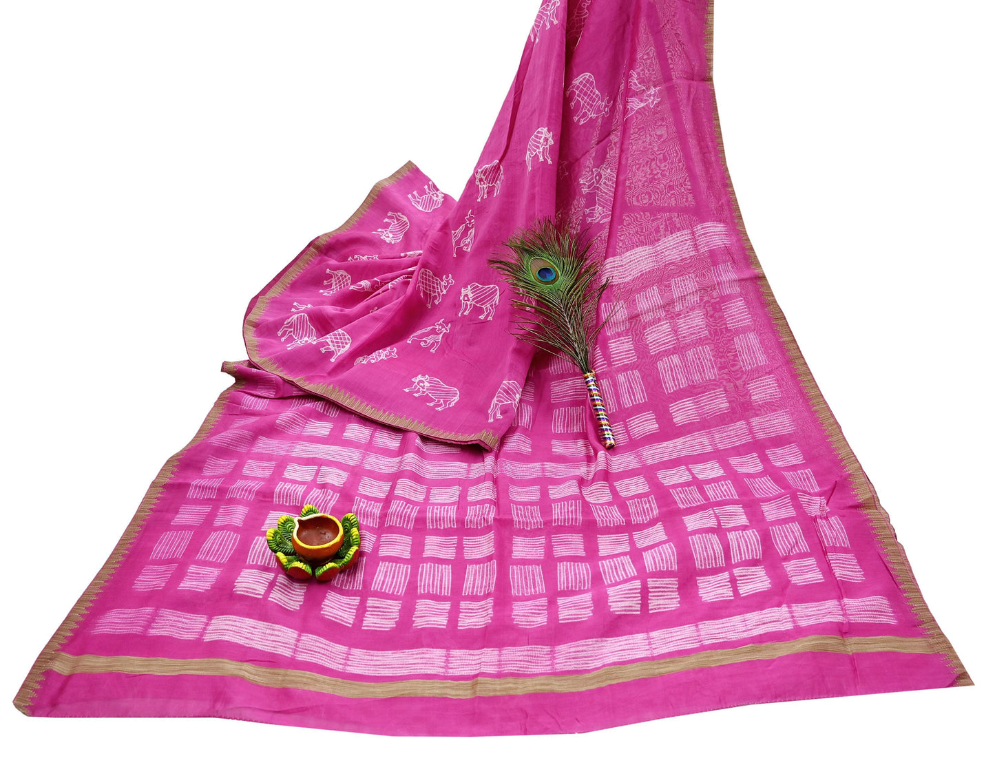 Indian Vintage Sari Magenta Pure chanderi Silk Block Printed Sarees Fabric 6Yard Soft Zari Border Floral Dress making bollywood silk sarees