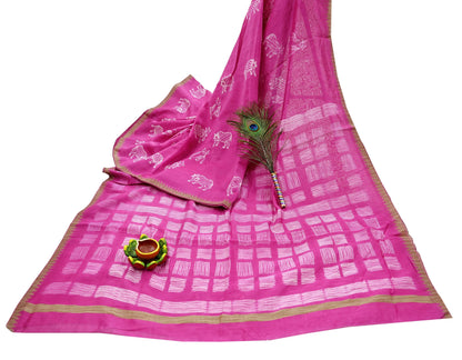 Indian Vintage Sari Magenta Pure chanderi Silk Block Printed Sarees Fabric 6Yard Soft Zari Border Floral Dress making bollywood silk sarees