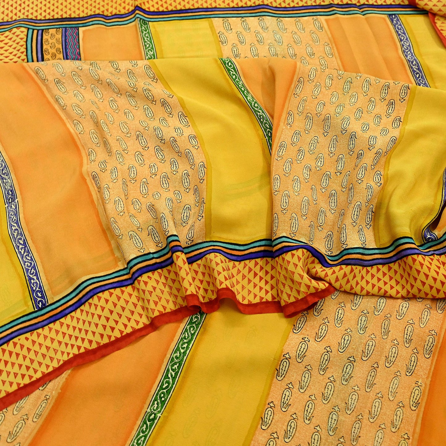 Indian Vintage Sari Multi & Saffron Pure Crepe Silk Printed Saree 6yard Sewing Floral Craft Fabric Wrap Dress Making Crafting Quilting