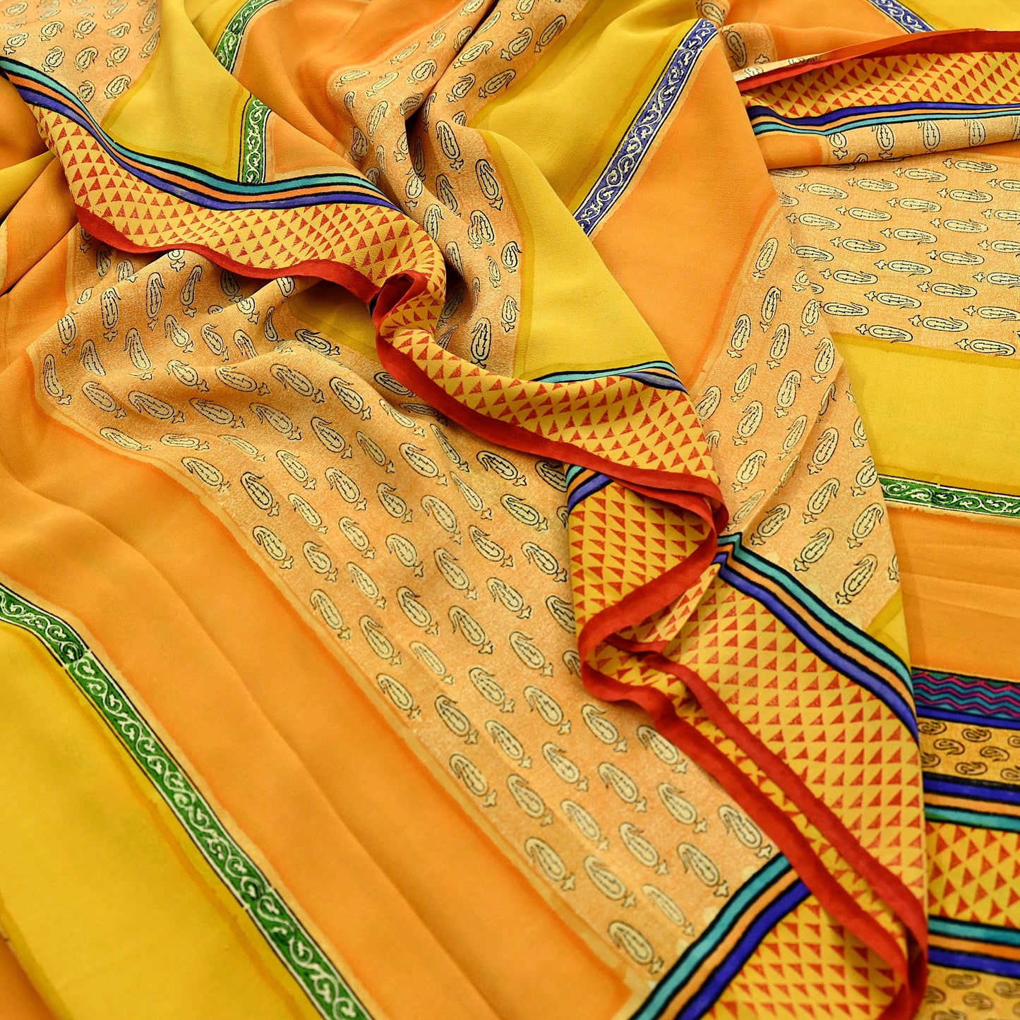 Indian Vintage Sari Multi & Saffron Pure Crepe Silk Printed Saree 6yard Sewing Floral Craft Fabric Wrap Dress Making Crafting Quilting