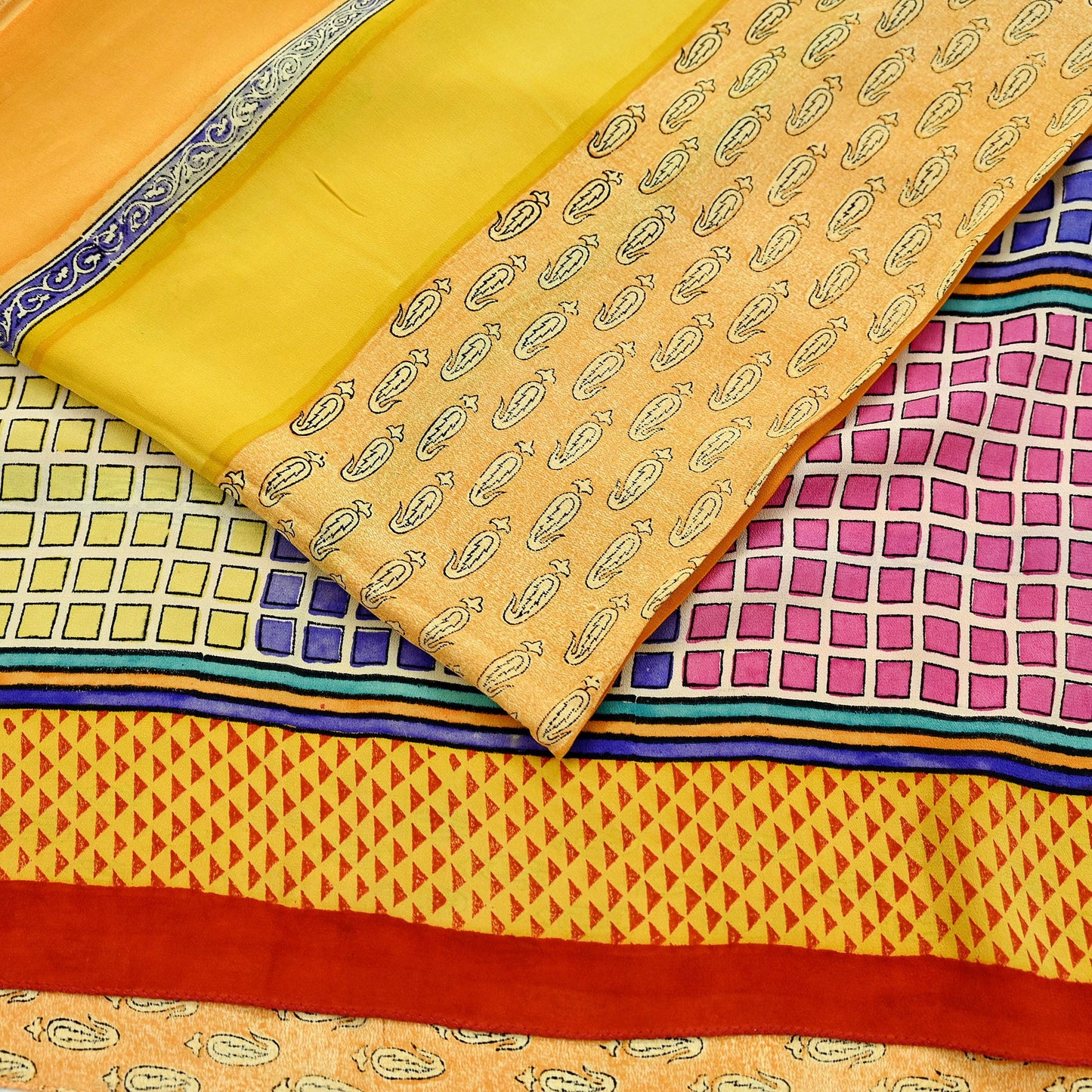 Indian Vintage Sari Multi & Saffron Pure Crepe Silk Printed Saree 6yard Sewing Floral Craft Fabric Wrap Dress Making Crafting Quilting