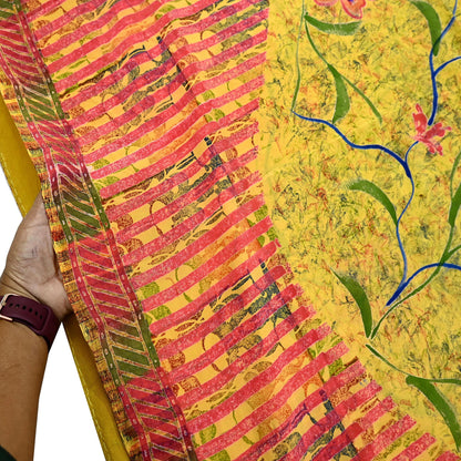 Indian Vintage Saree Yellow Pure Crepe Silk Printed Sari Fabric 5yd Sewing Floral Soft Craft Fabric Wrap Dress making Quilting Upcycle
