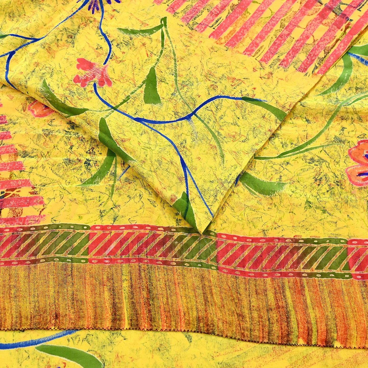Indian Vintage Saree Yellow Pure Crepe Silk Printed Sari Fabric 5yd Sewing Floral Soft Craft Fabric Wrap Dress making Quilting Upcycle