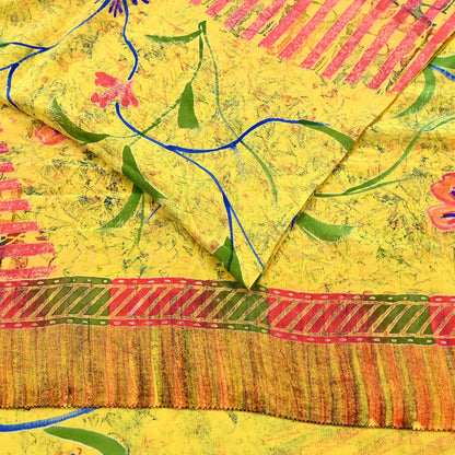 Indian Vintage Saree Yellow Pure Crepe Silk Printed Sari Fabric 5yd Sewing Floral Soft Craft Fabric Wrap Dress making Quilting Upcycle