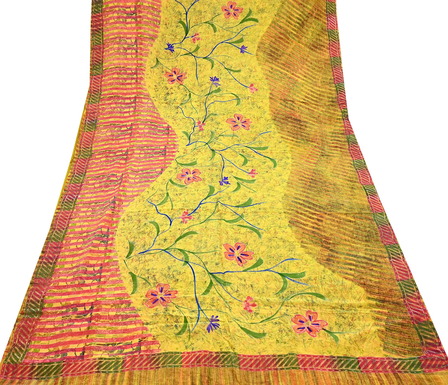 Indian Vintage Saree Yellow Pure Crepe Silk Printed Sari Fabric 5yd Sewing Floral Soft Craft Fabric Wrap Dress making Quilting Upcycle