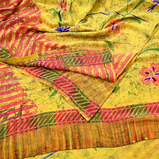 Indian Vintage Saree Yellow Pure Crepe Silk Printed Sari Fabric 5yd Sewing Floral Soft Craft Fabric Wrap Dress making Quilting Upcycle