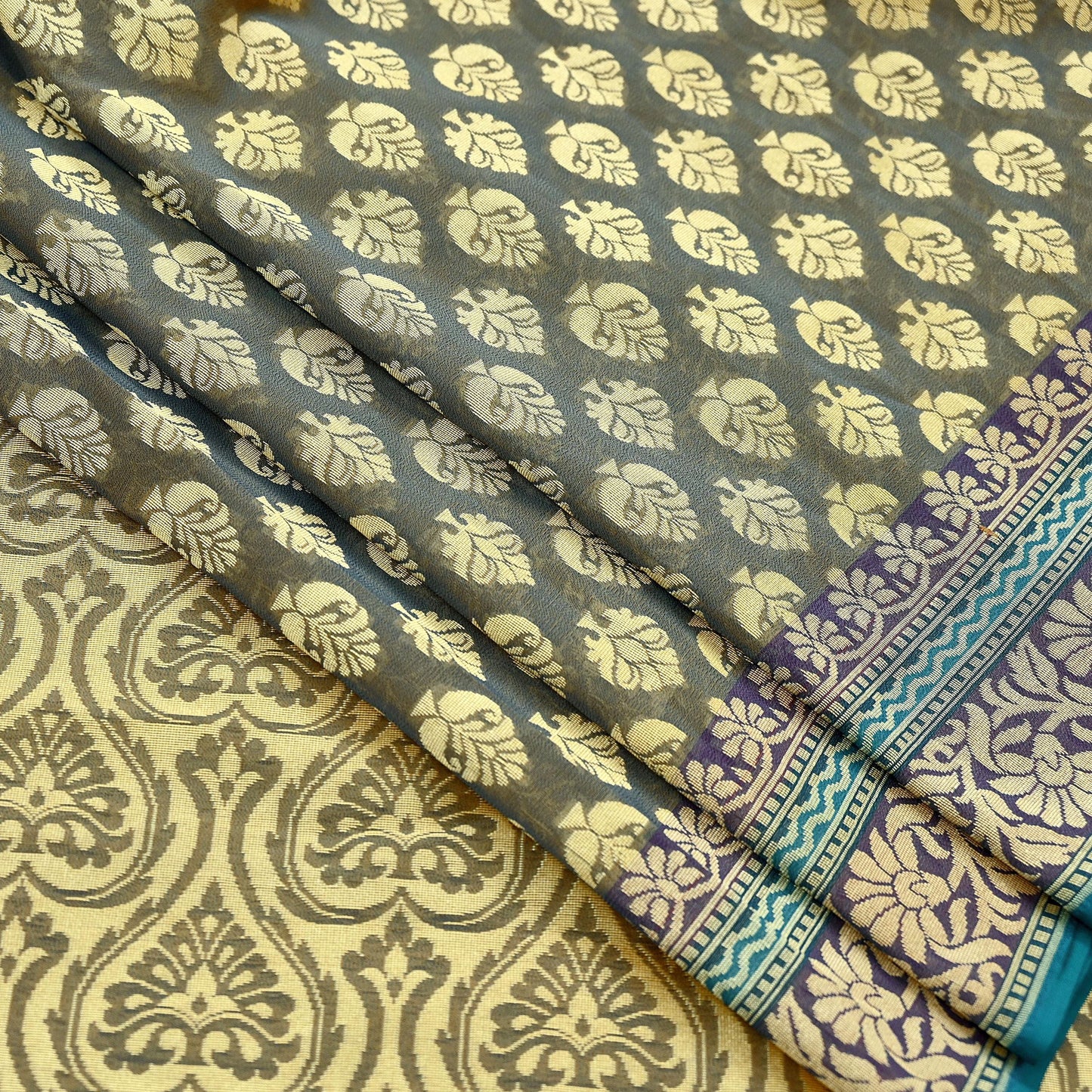 Indian Vintage Heavy Beige & Green Hand Woven Saree 100% Pure Silk Sari 5Yard Floral Dress making Crafting Quilting Upcycle