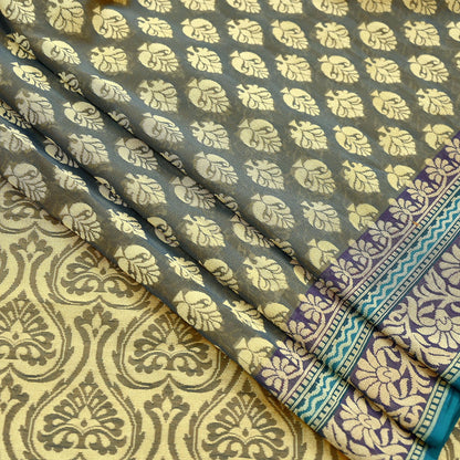 Indian Vintage Heavy Beige & Green Hand Woven Saree 100% Pure Silk Sari 5Yard Floral Dress making Crafting Quilting Upcycle