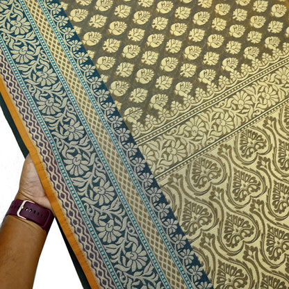 Indian Vintage Heavy Beige & Green Hand Woven Saree 100% Pure Silk Sari 5Yard Floral Dress making Crafting Quilting Upcycle