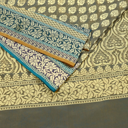 Indian Vintage Heavy Beige & Green Hand Woven Saree 100% Pure Silk Sari 5Yard Floral Dress making Crafting Quilting Upcycle