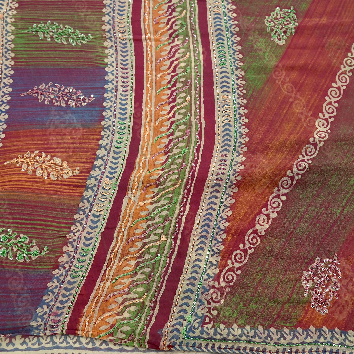 Indian Vintage Sari Multi Hand Embroidered 100% Pure Georgette Silk Saree Craft Fabric 5Yd Ethnic Soft Dress making For Crafting Quilting